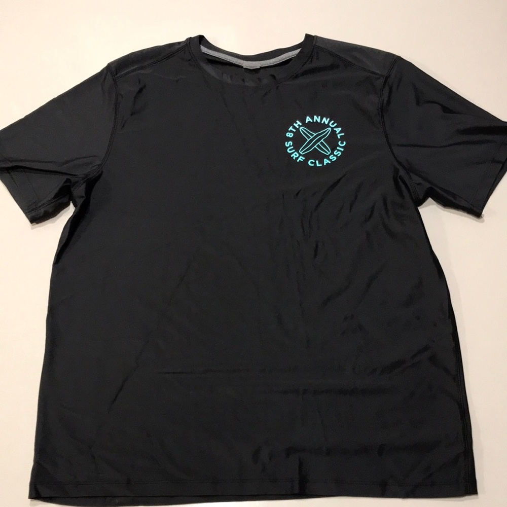 Old Navy L Short Sleeve, Black Rash Guard with aqua screen print
